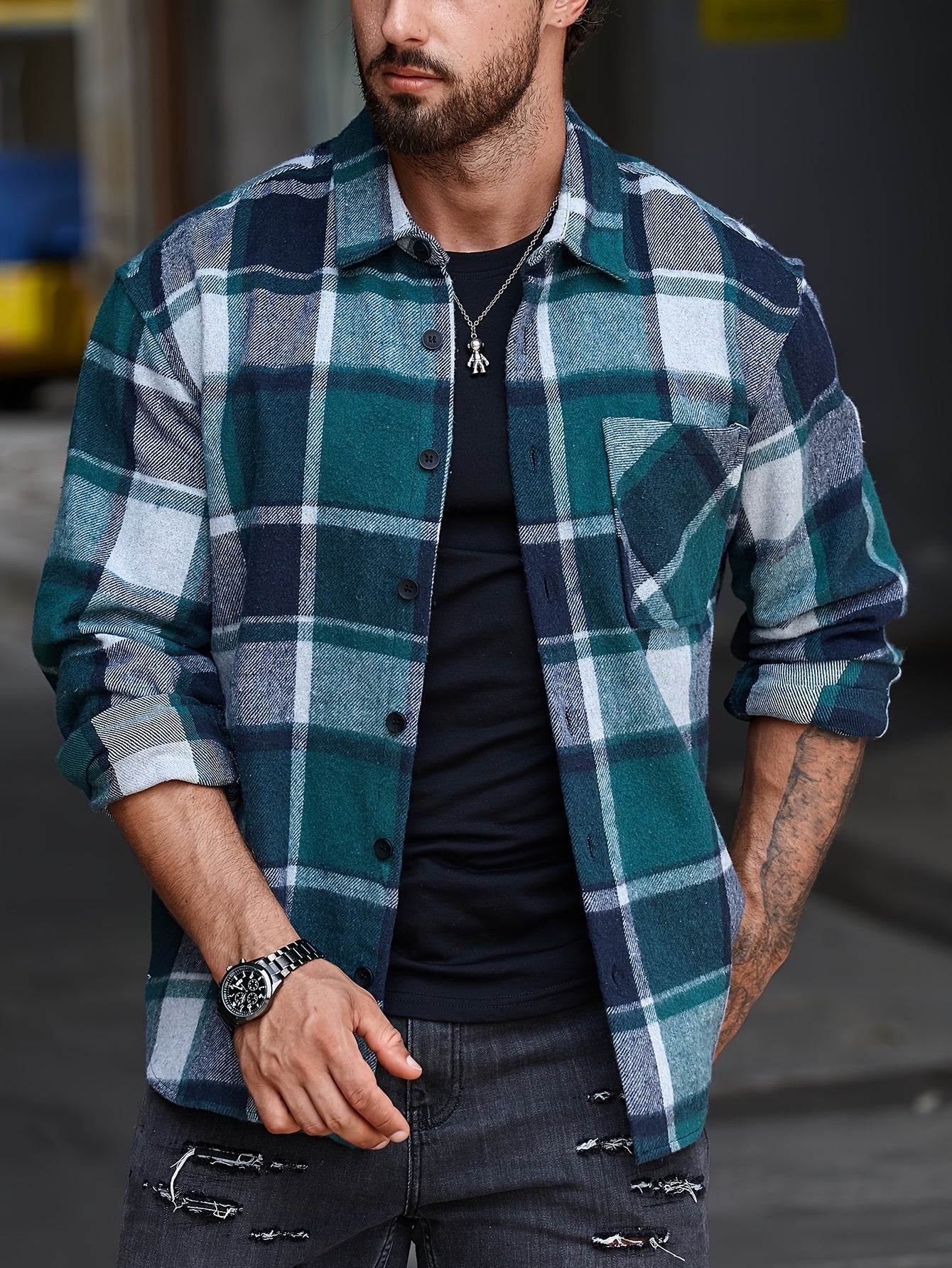 Men's Casual Flannel Shirt Coat - Solid Color Lapel Button-Up with Chest Pocket, Machine Washable Non-Stretch Fabric, Regular Fit Autumn Winter Outerwear, Autumn Apparel, Flannel, Long Sleeve Button Casual Shirt