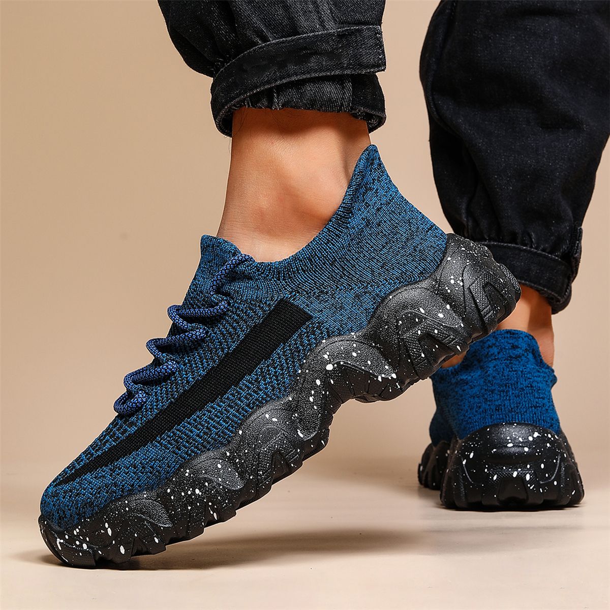 Men'S Casual Sneakers - Breathable Knit Upper, Geometric Pattern, Lace-Up Closure, Durable Rubber Sole, Comfortable Fabric Lining for Spring Sports & Casual Attire, Athletic Footwear | Geometric Pattern Shoes | Knit Construction, Sneakers