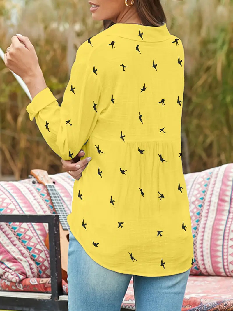 Spandex Blouse Bird Print Button