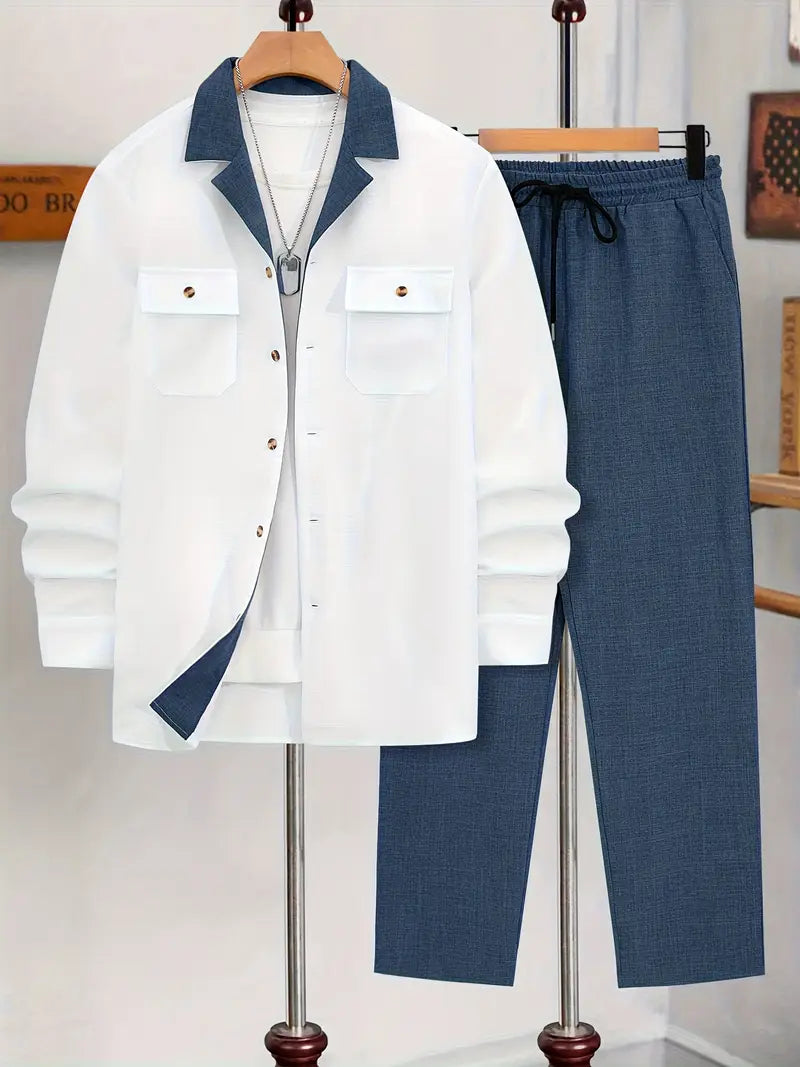 Polyester Button-Up Long Sleeve 2-Piece Pants