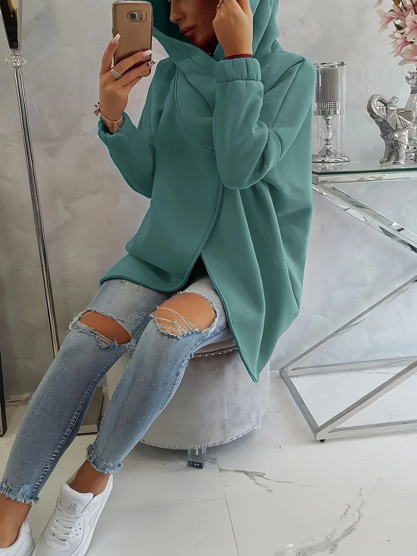 Women'S Casual Black Hooded Jacket with Front Pockets - Long Sleeve, Ripped Jeans & White Sneakers, Perfect for Spring/Fall, Autumn Fashion Jacket | Relaxed Fit Hoodie | Zippered Hoodie