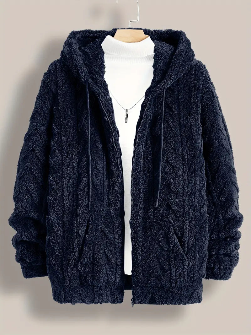 Fleece Polyester Knit Hooded Zip Long Sleeve Jacket