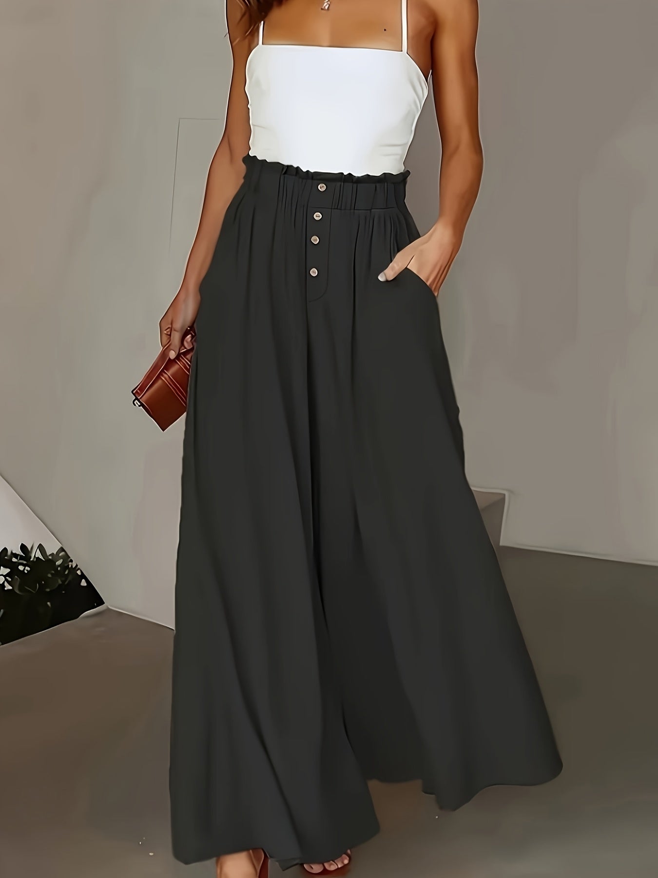 Women's Elegant Wide-Leg Trousers with Extended Length - Beige Solid Color High-Waisted Non-Stretch Pants, Structured Fit for All-Season Casual & Formal Outfits, Versatile Office to Semi-Formal Wear, Allseason Clothing, Classic Design, Quality S