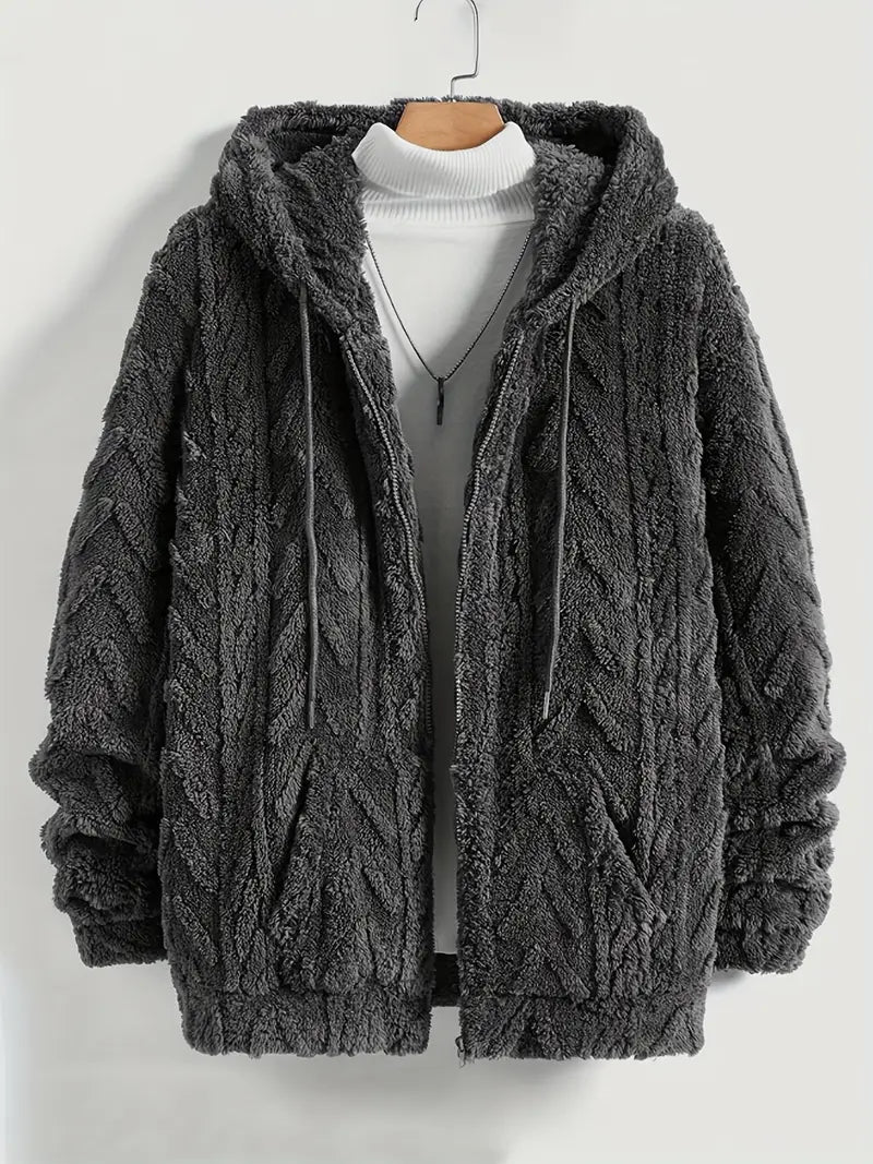 Fleece Polyester Knit Hooded Zip Long Sleeve Jacket