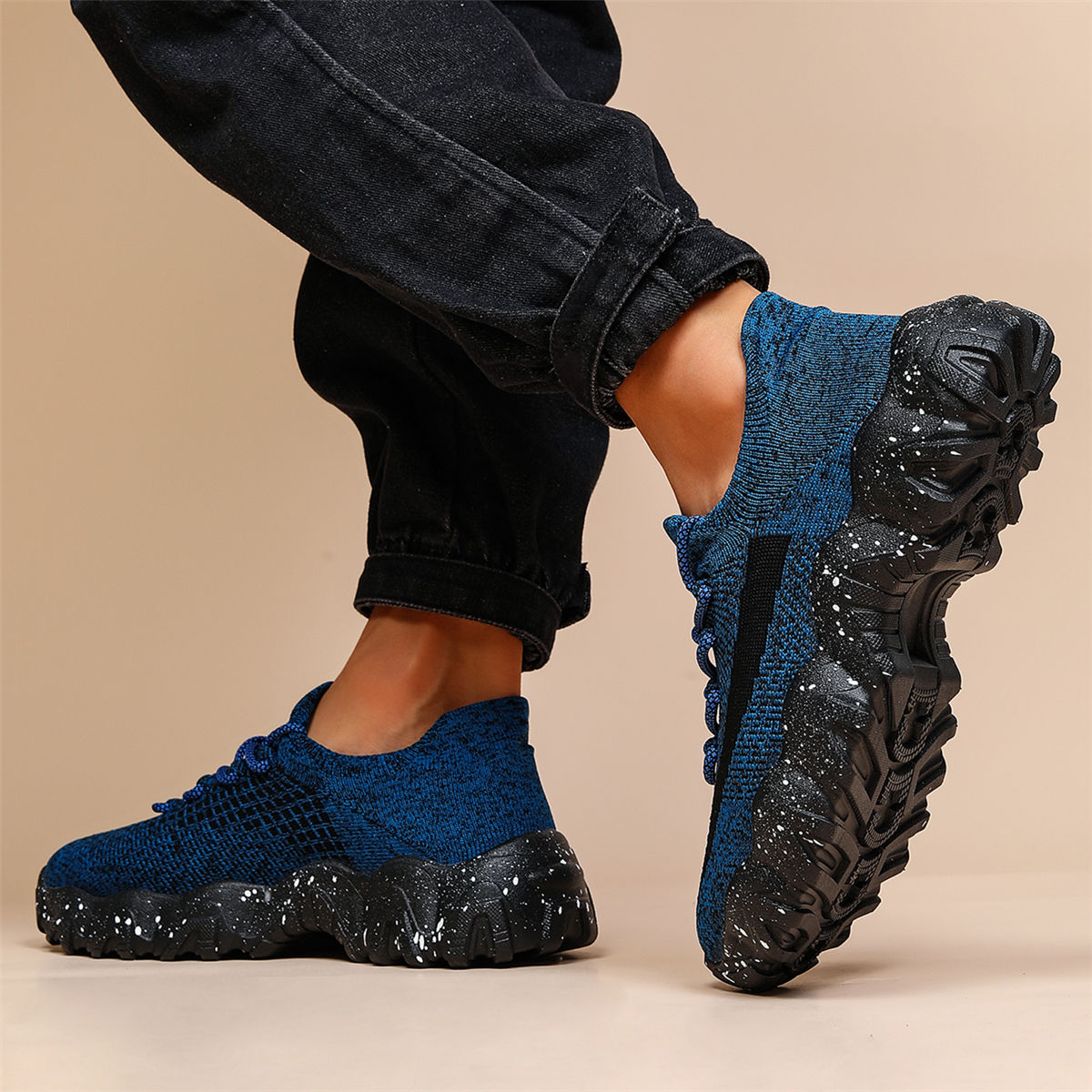 Men'S Casual Sneakers - Breathable Knit Upper, Geometric Pattern, Lace-Up Closure, Durable Rubber Sole, Comfortable Fabric Lining for Spring Sports & Casual Attire, Athletic Footwear | Geometric Pattern Shoes | Knit Construction, Sneakers