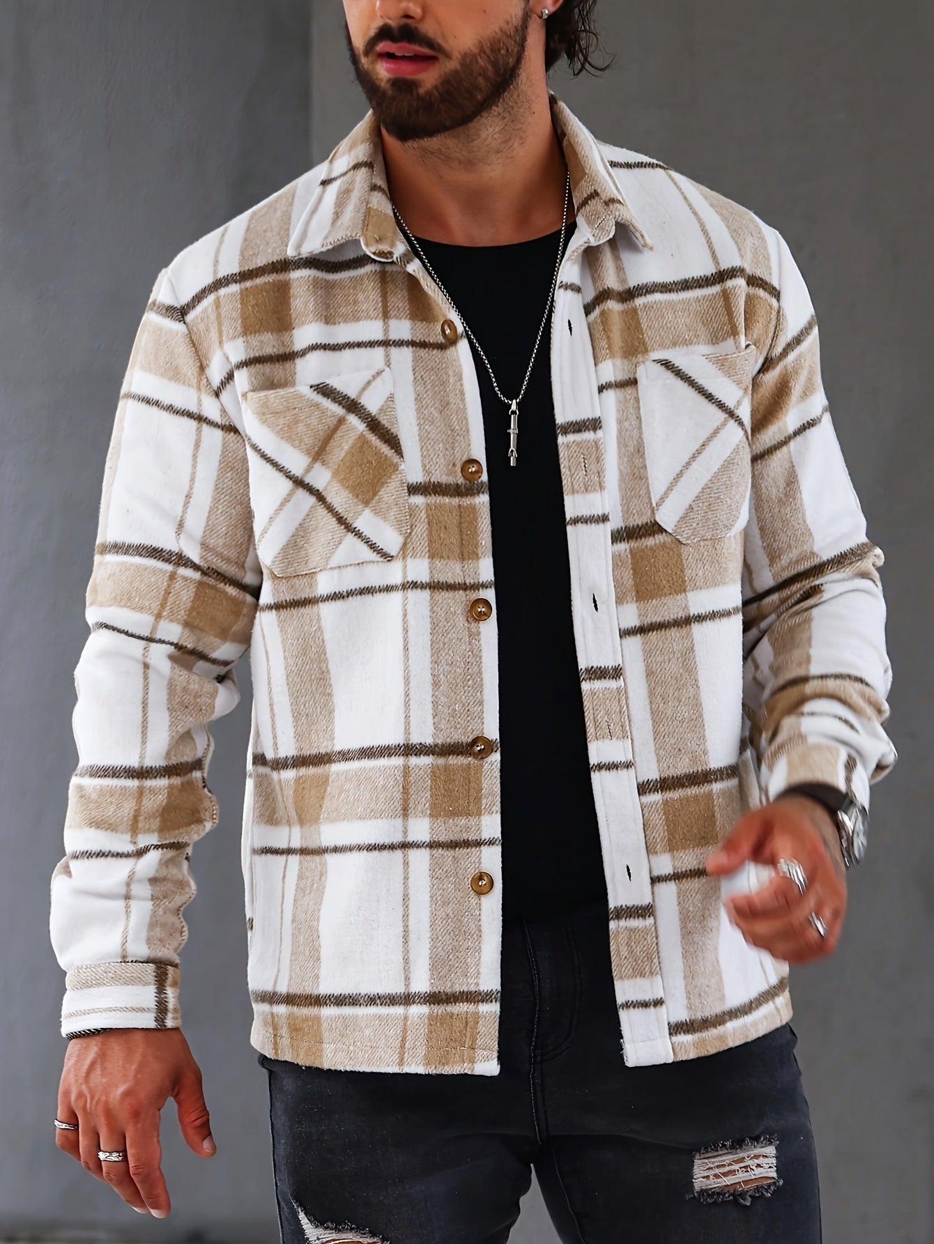 Men's Classic Black & White Plaid Lapel Collar Button-Front Jacket with Chest Pocket - Casual Semi-Formal Coat for Spring/Fall, Versatile Everyday & Semi-Formal Wear, Easy-Care Traditional Outerwear (Hand Wash/Dry Clean)