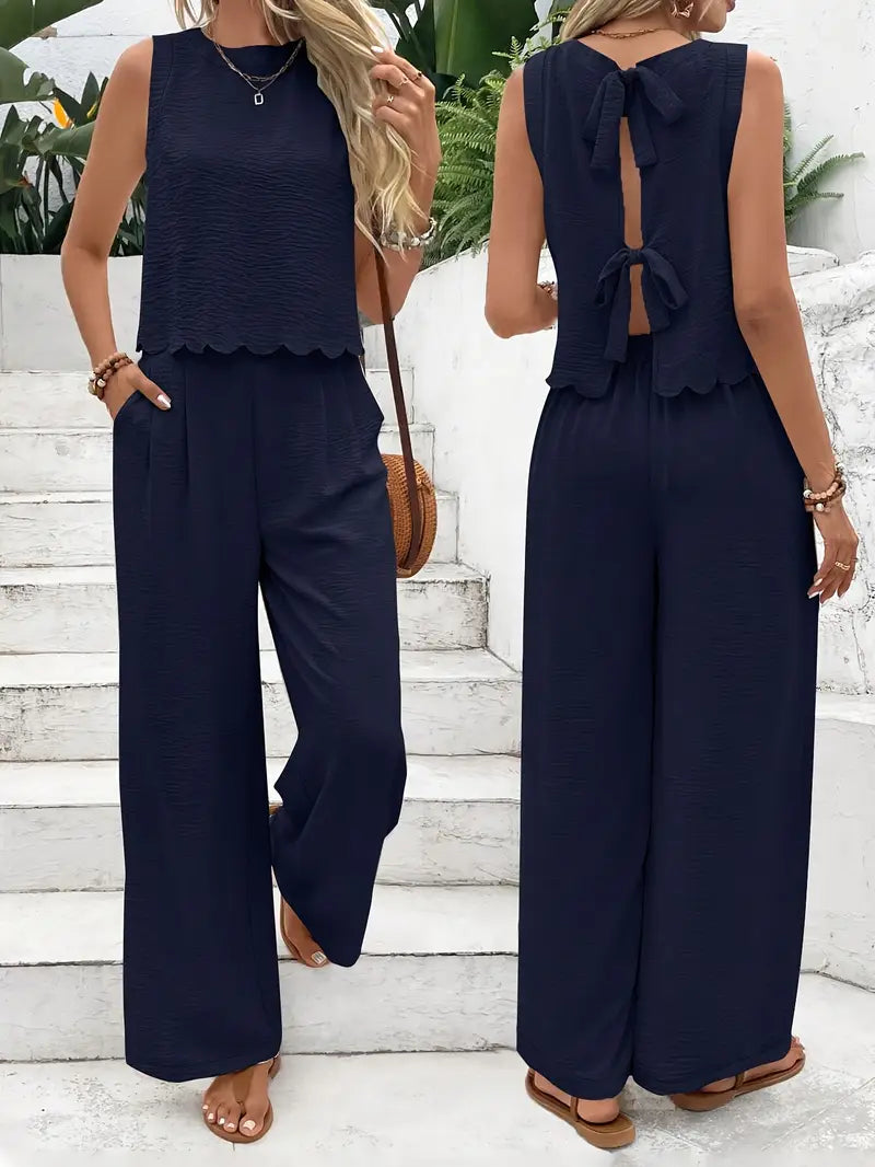 Solid Polyester Jacket 2-Piece Set Sleeveless