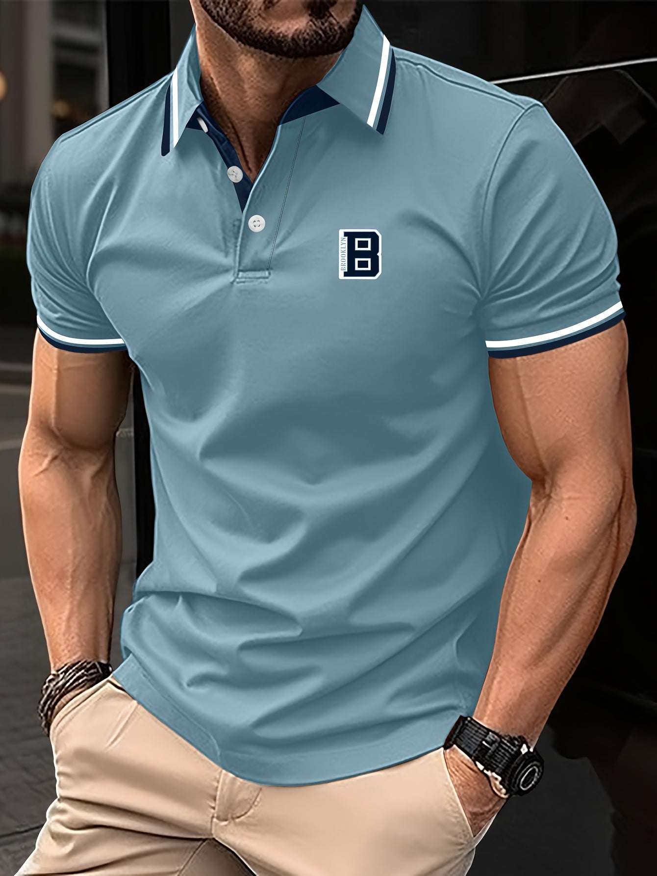 Men's Trendy Simple Letter Print Color Block Short Sleeve Button Up Lapel Shirt For Summer Daily, Golf Shirt