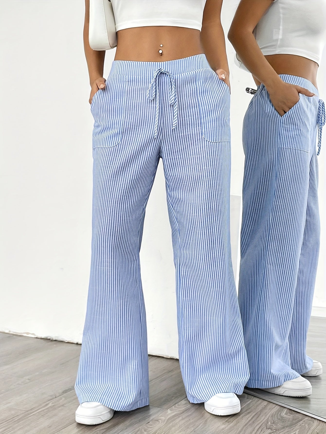 Slant Pockets Wide Leg Pants, Casual Striped Print Loose Drawstring Waist Pants For Spring & Summer, Women's Clothing