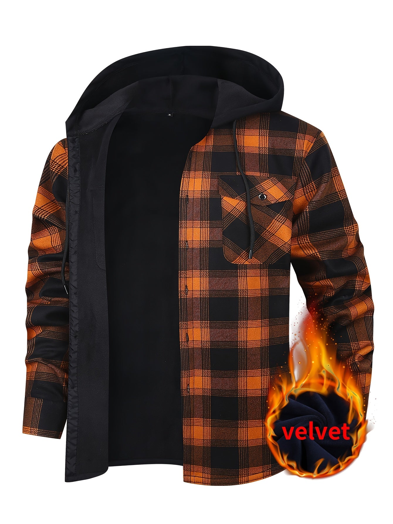 Men's Fleece-Lined Hoodie - Casual & Sporty, Plaid Pullover with Button Detail, Long Sleeve, Loose Fit for Fall/Winter