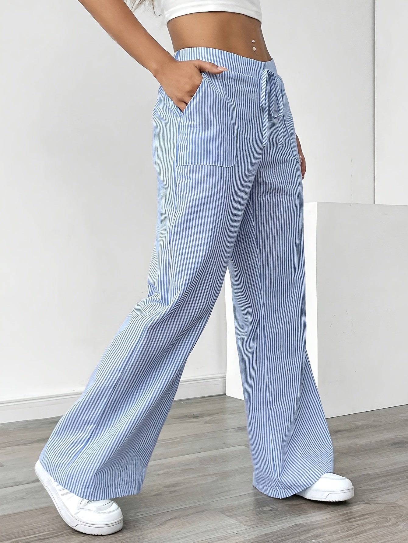 Slant Pockets Wide Leg Pants, Casual Striped Print Loose Drawstring Waist Pants For Spring & Summer, Women's Clothing