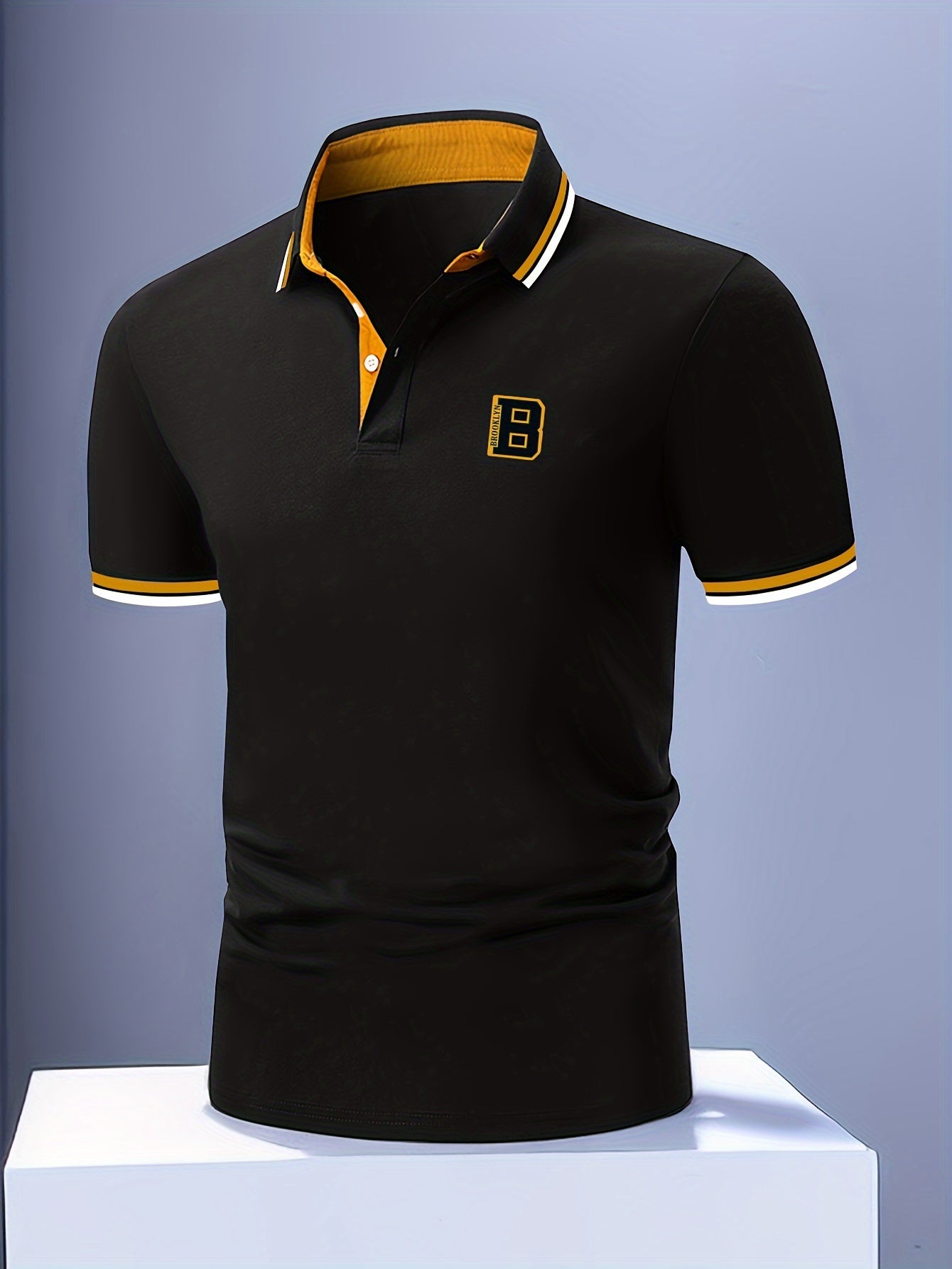 Men's Trendy Simple Letter Print Color Block Short Sleeve Button Up Lapel Shirt For Summer Daily, Golf Shirt