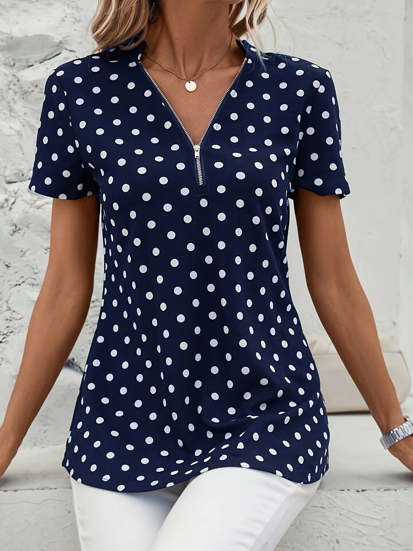 Elegant V Neck Short Sleeve Blouse - Polka Dots Print, Zipper Front, For Spring & Summer, Women's Clothing