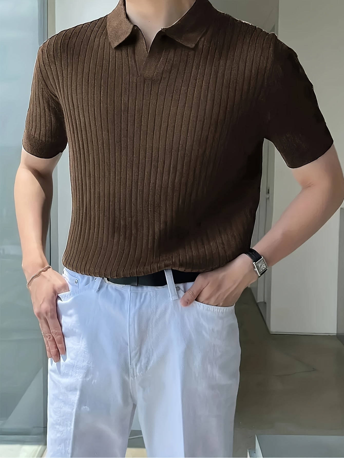 2024 New Men'S Small Hole Short Sleeve Polo Shirt Knitted Sweater - Beige, Medium Stretch, Solid Color, Regular Fit, All-Season Casual Wear, Casual Wear Sweater|Minimalist Style|Knit Construction, Sweater Vest