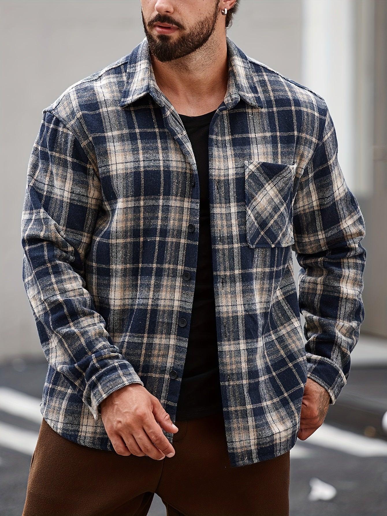 Men's Casual Flannel Shirt Coat - Solid Color Lapel Button-Up with Chest Pocket, Machine Washable Non-Stretch Fabric, Regular Fit Autumn Winter Outerwear, Autumn Apparel, Flannel, Long Sleeve Button Casual Shirt