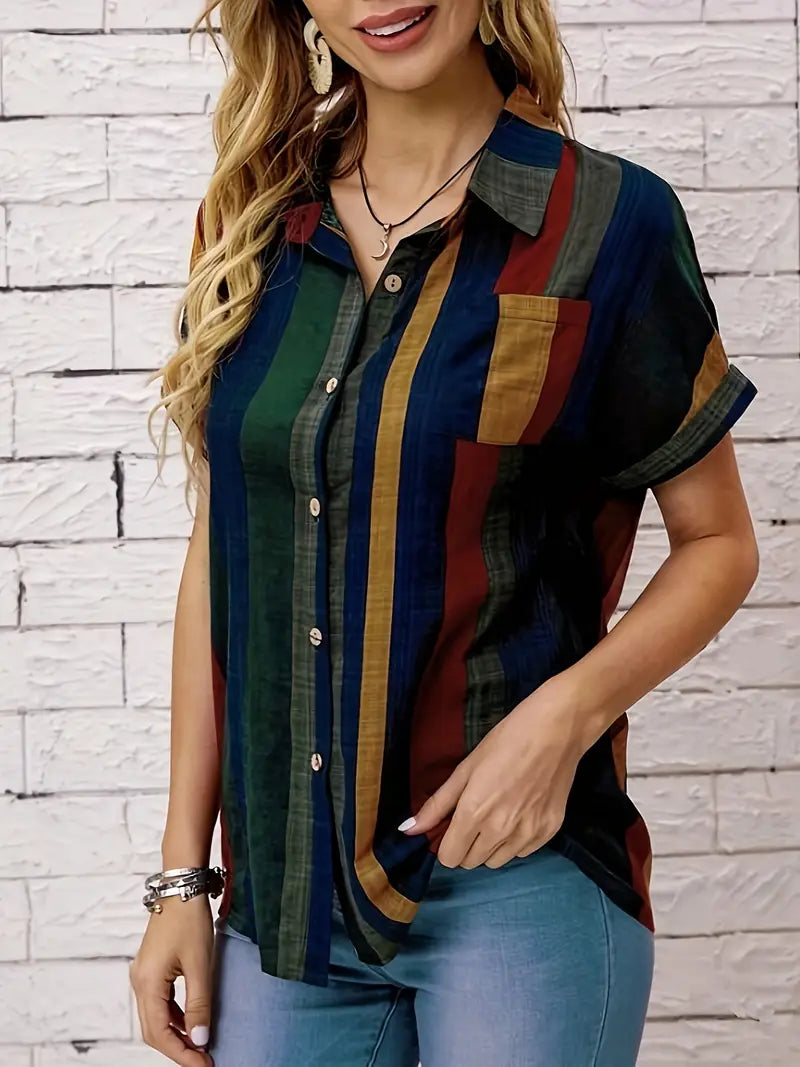 Striped Polyester Blouse Striped Print Button