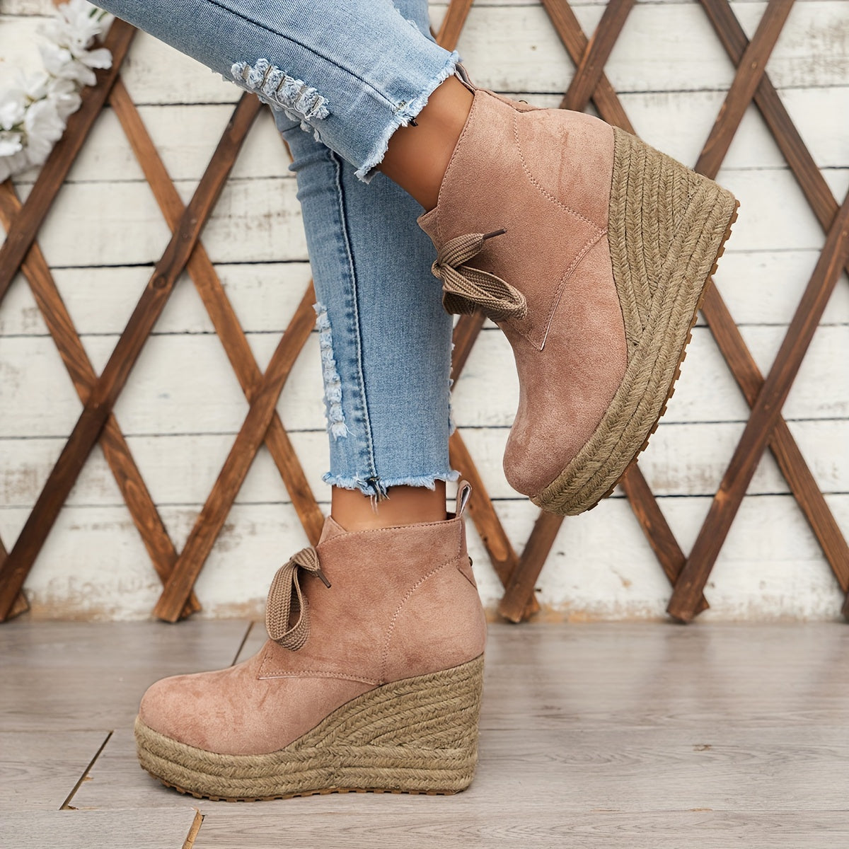Comfortable Chic Women's Linen Wedge Ankle Boots - Lace-Up Platform Shoes with Durable Rubber Sole for All Seasons