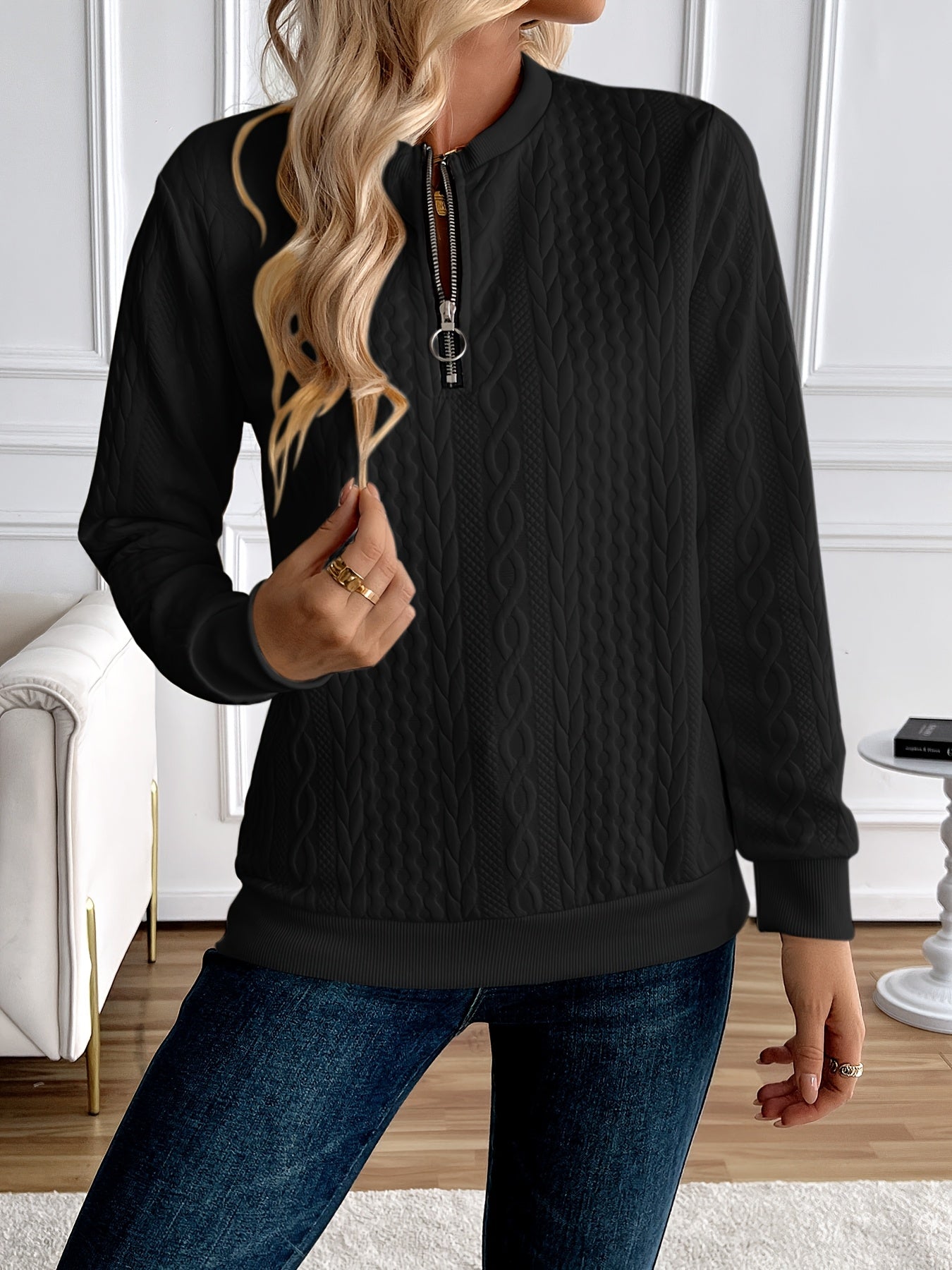 Chic Women's Half-Zip Pullover Sweatshirt - Elegant Solid Color Long Sleeve with Textured Cable Knit, Baseball Collar & Front Zipper, Polyester Blend, Machine Washable, Spring/Fall Casual Wear, Everyday Sweatshirt | Baseball Collar Top | Ribbed