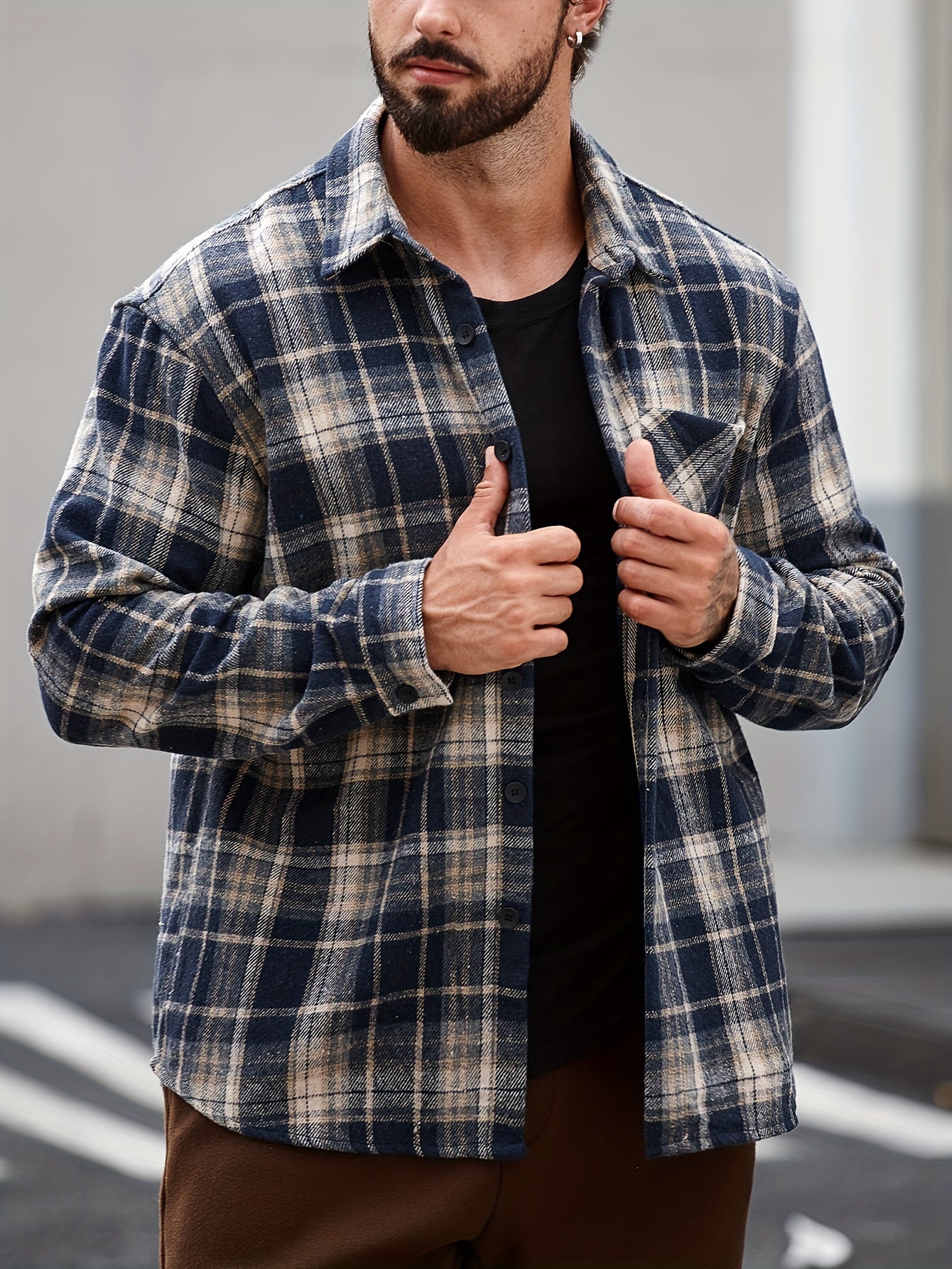 Men's Casual Flannel Shirt Coat - Solid Color Lapel Button-Up with Chest Pocket, Machine Washable Non-Stretch Fabric, Regular Fit Autumn Winter Outerwear, Autumn Apparel, Flannel, Long Sleeve Button Casual Shirt