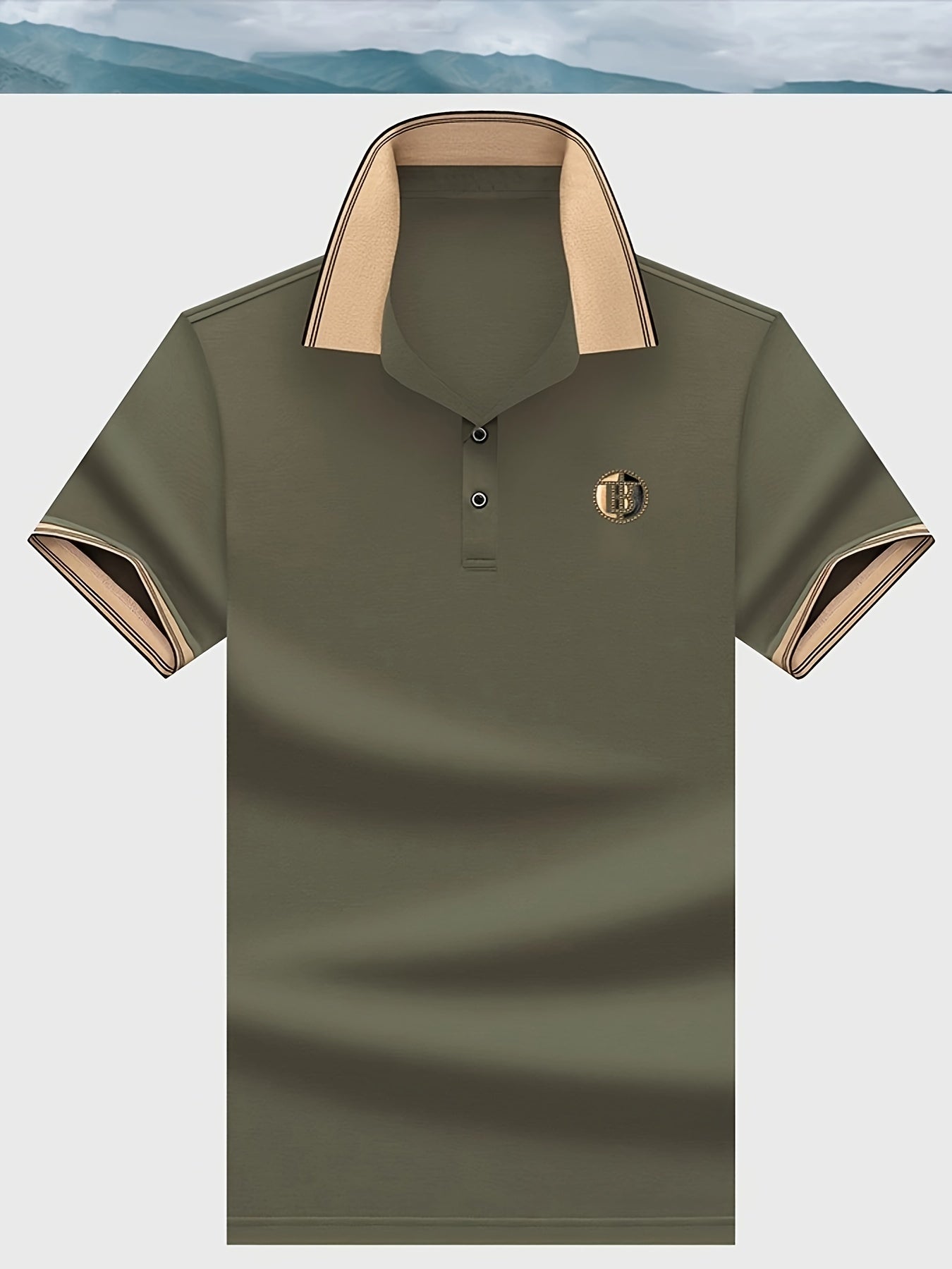 Men'S Summer Short Sleeve Polo Shirt, Embroidered Geometric Pattern, Casual Polyester Knit Fabric, Regular Fit, Half Placket, 160g/m² - Solid Color Top with Hotfix Rhinestones