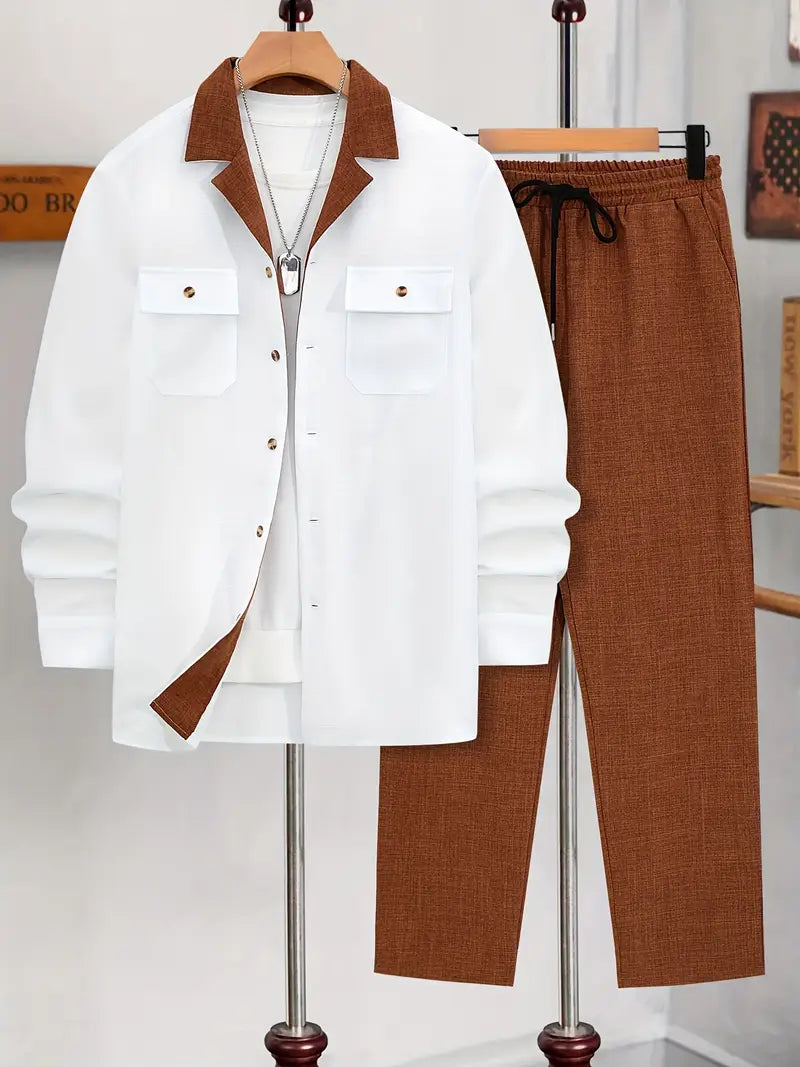 Polyester Button-Up Long Sleeve 2-Piece Pants