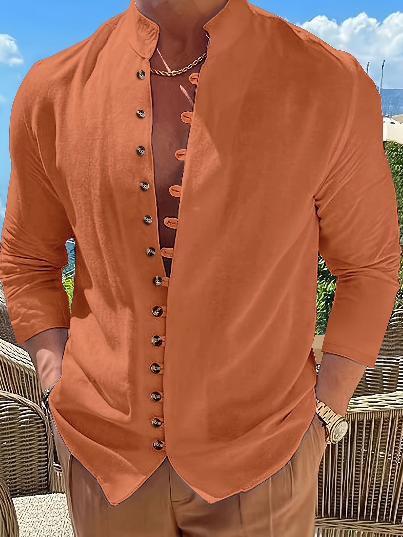 Men's Retro Casual Loose Long Sleeve Round Neck Button-Up Shirt, Gift for Eld, Gift for Ramadan