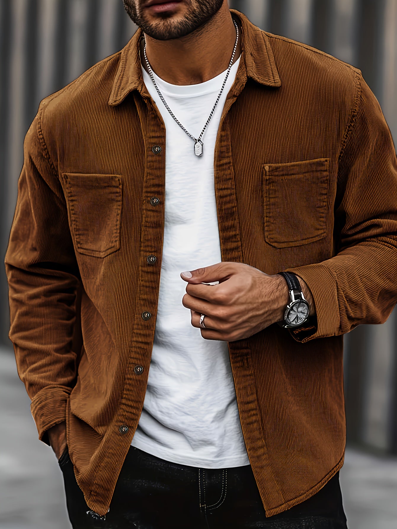 Men'S Corduroy Casual Shirt Jacket - Classic Collar, Button-Up Long Sleeve with Double Chest Pockets, Light Blue, Perfect for Spring & Fall, Everyday Fashion, Street Style, and Office Wear