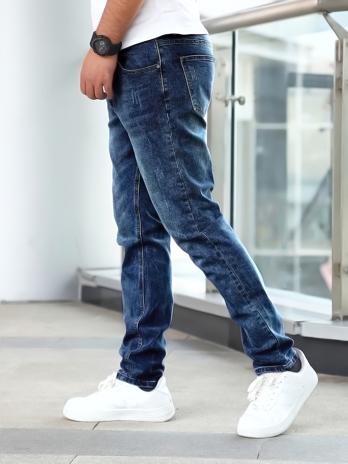 Men'S Slim-Fit Stretch Denim Jeans - Light Blue, Casual Style, All-Season Comfort, Regular Fit, Solid Color, Washed Finish, Perfect for Teens, Teenage Fashion|Casual Style Jeans|Woven Denim