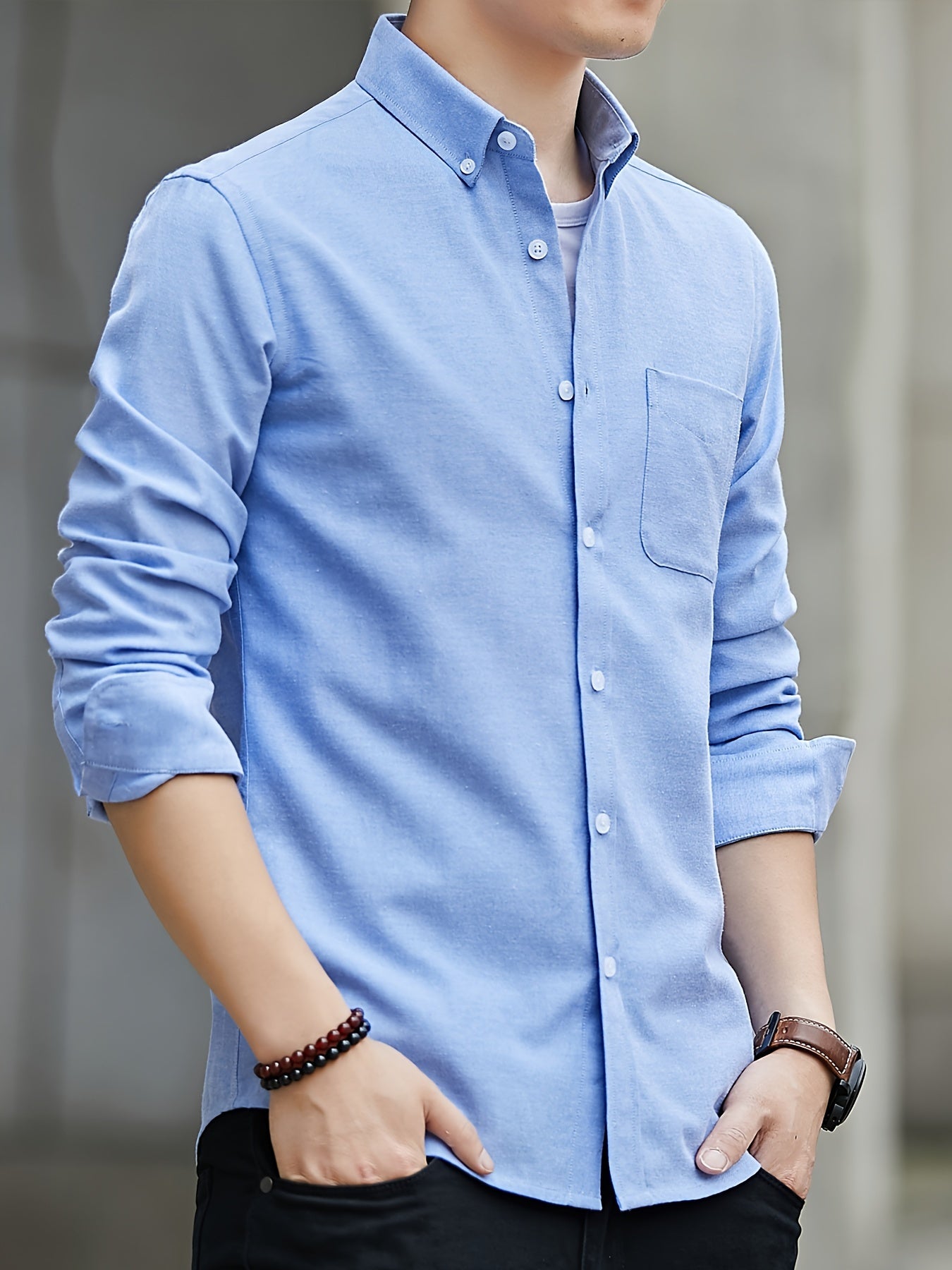 Men'S Casual Oxford Shirt, Solid Color, Long Sleeve, Lapel Collar, Slim Fit, Single Breasted, with Chest Pocket, Button Details, Woven Fabric, for Spring/Fall - Loose Fit Casual Shirt