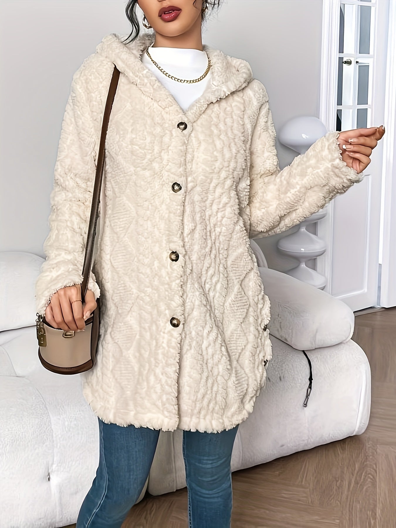 Autumn-Winter Warm Fashion Jacquard Plush Hooded Cardigan Coat