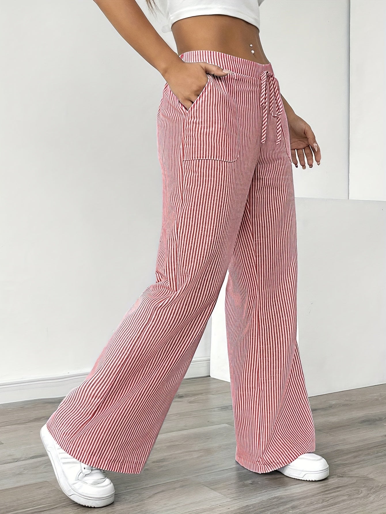 Slant Pockets Wide Leg Pants, Casual Striped Print Loose Drawstring Waist Pants For Spring & Summer, Women's Clothing