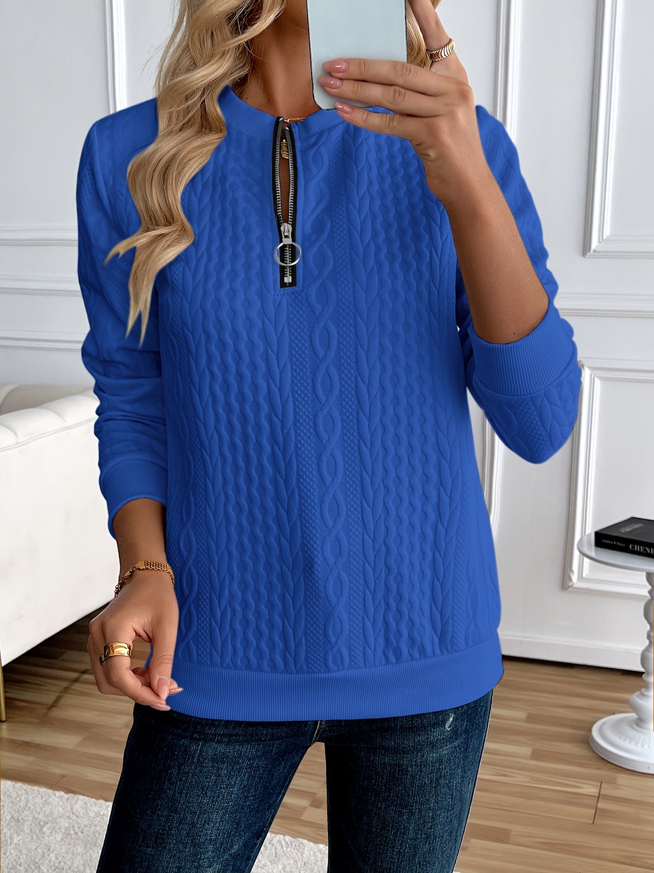 Chic Women's Half-Zip Pullover Sweatshirt - Elegant Solid Color Long Sleeve with Textured Cable Knit, Baseball Collar & Front Zipper, Polyester Blend, Machine Washable, Spring/Fall Casual Wear, Everyday Sweatshirt | Baseball Collar Top | Ribbed