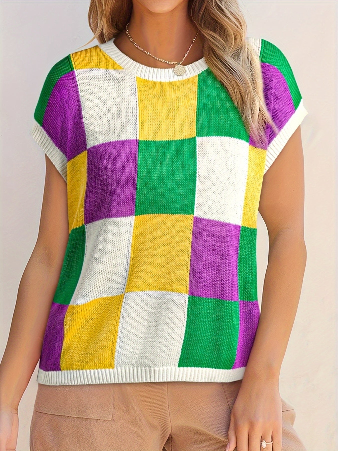 Grapefruit Orange Color Block Cap Sleeve Sweater