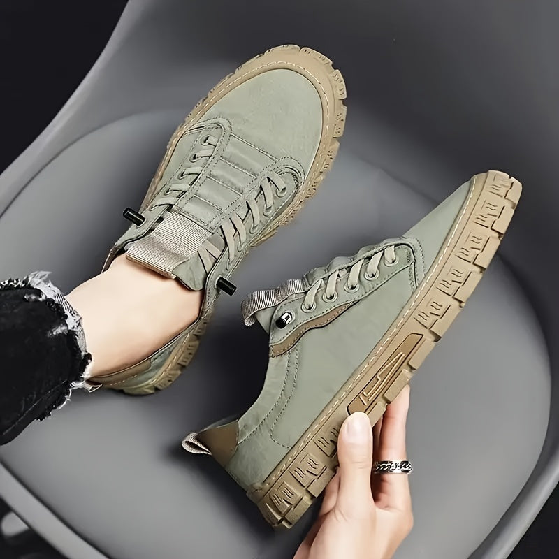 Men's Solid Casual Skate Shoes With Canvas Uppers, Breathable Non Slip Lace-up Versatile Shoes For Outdoor Casual, Men's Street Style Footwear
