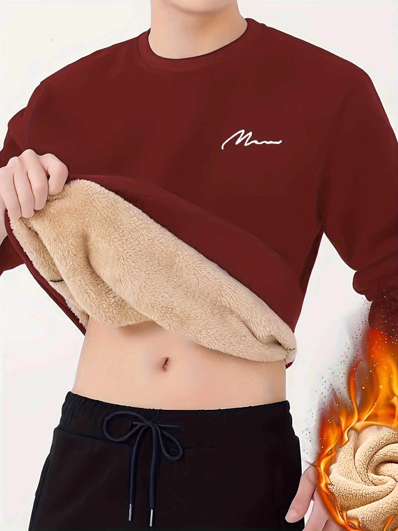 Men's Winter Warm Fleece-Lined Crew Neck Sweatshirt - Casual Black Long Sleeve with MOM" Embroidery