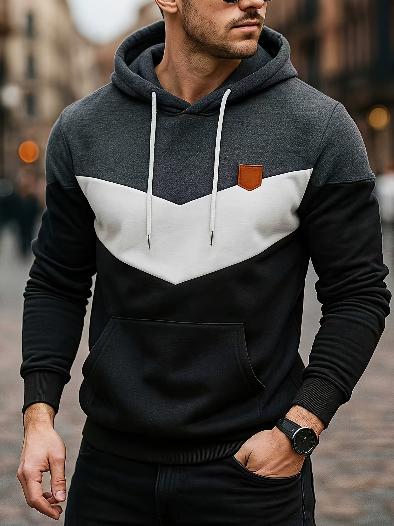 Color Block Hoodie, Cool Hoodies For Men, Men's Casual Classic Design Pullover Hooded Sweatshirt With Kangaroo Pocket Streetwear For Winter Fall, As Gift