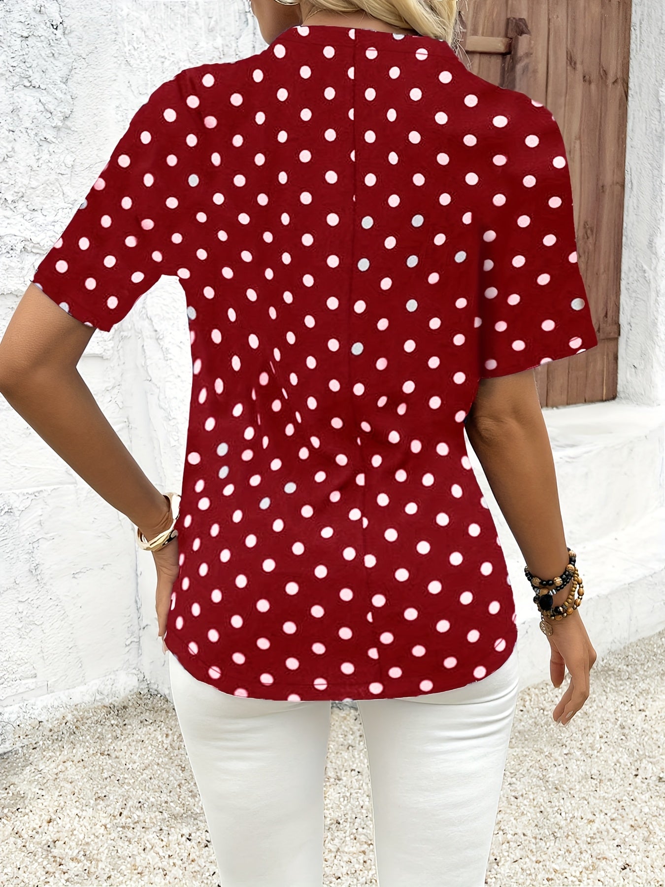 Elegant V Neck Short Sleeve Blouse - Polka Dots Print, Zipper Front, For Spring & Summer, Women's Clothing