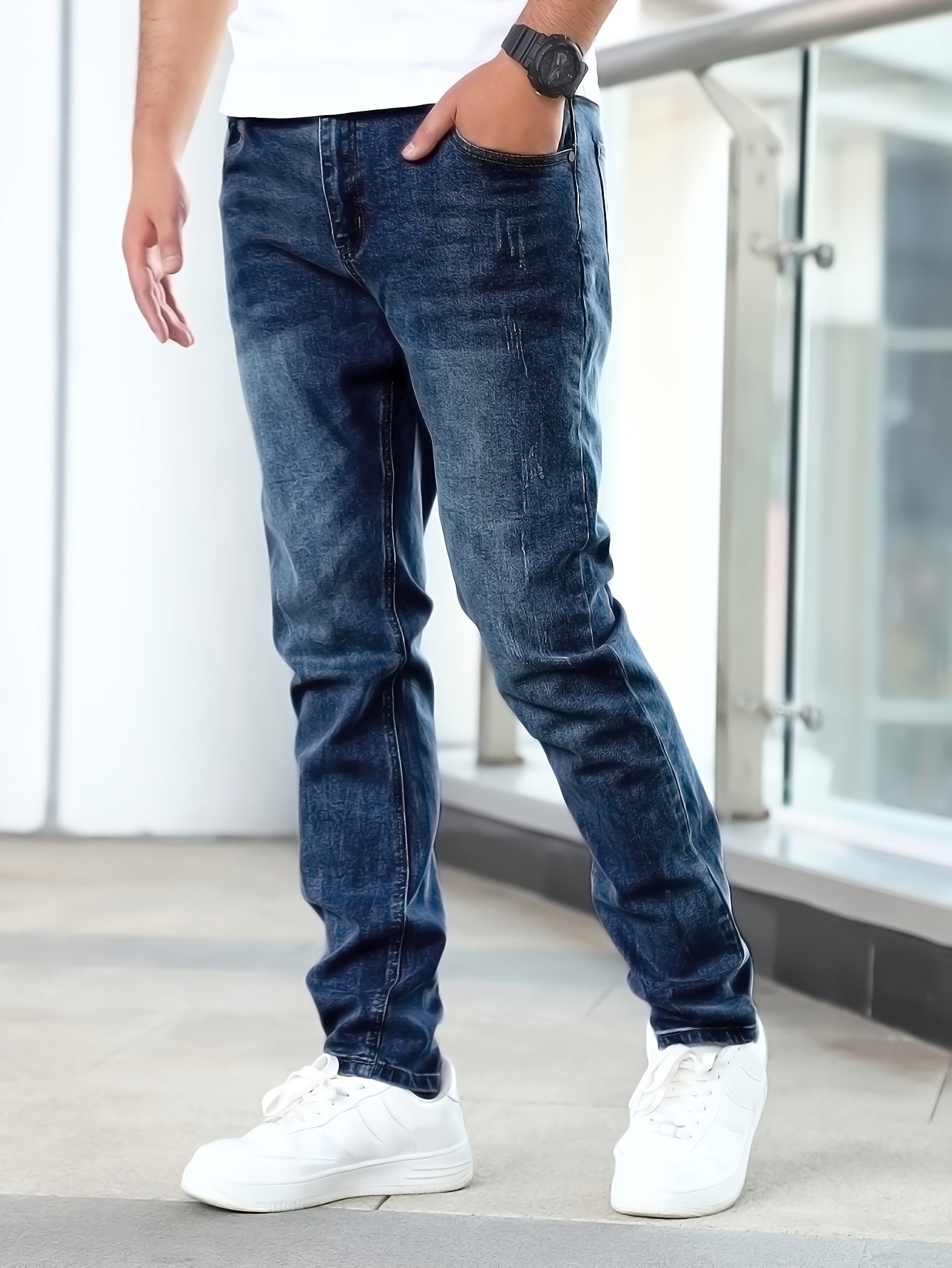 Men'S Slim-Fit Stretch Denim Jeans - Light Blue, Casual Style, All-Season Comfort, Regular Fit, Solid Color, Washed Finish, Perfect for Teens, Teenage Fashion|Casual Style Jeans|Woven Denim