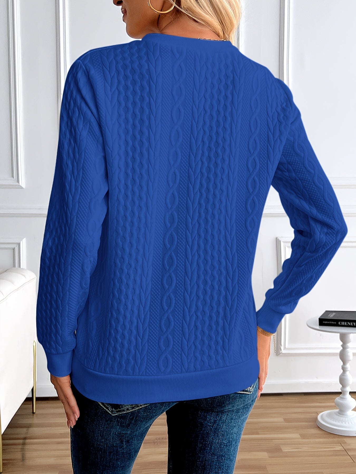 Chic Women's Half-Zip Pullover Sweatshirt - Elegant Solid Color Long Sleeve with Textured Cable Knit, Baseball Collar & Front Zipper, Polyester Blend, Machine Washable, Spring/Fall Casual Wear, Everyday Sweatshirt | Baseball Collar Top | Ribbed
