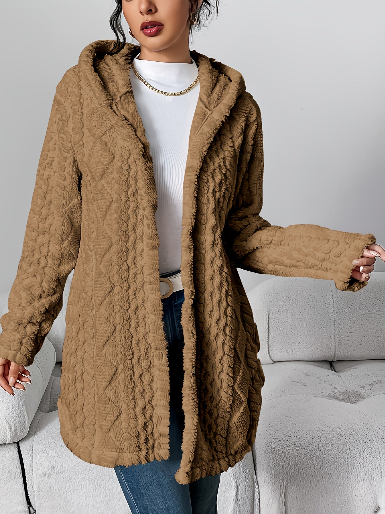 Autumn-Winter Warm Fashion Jacquard Plush Hooded Cardigan Coat