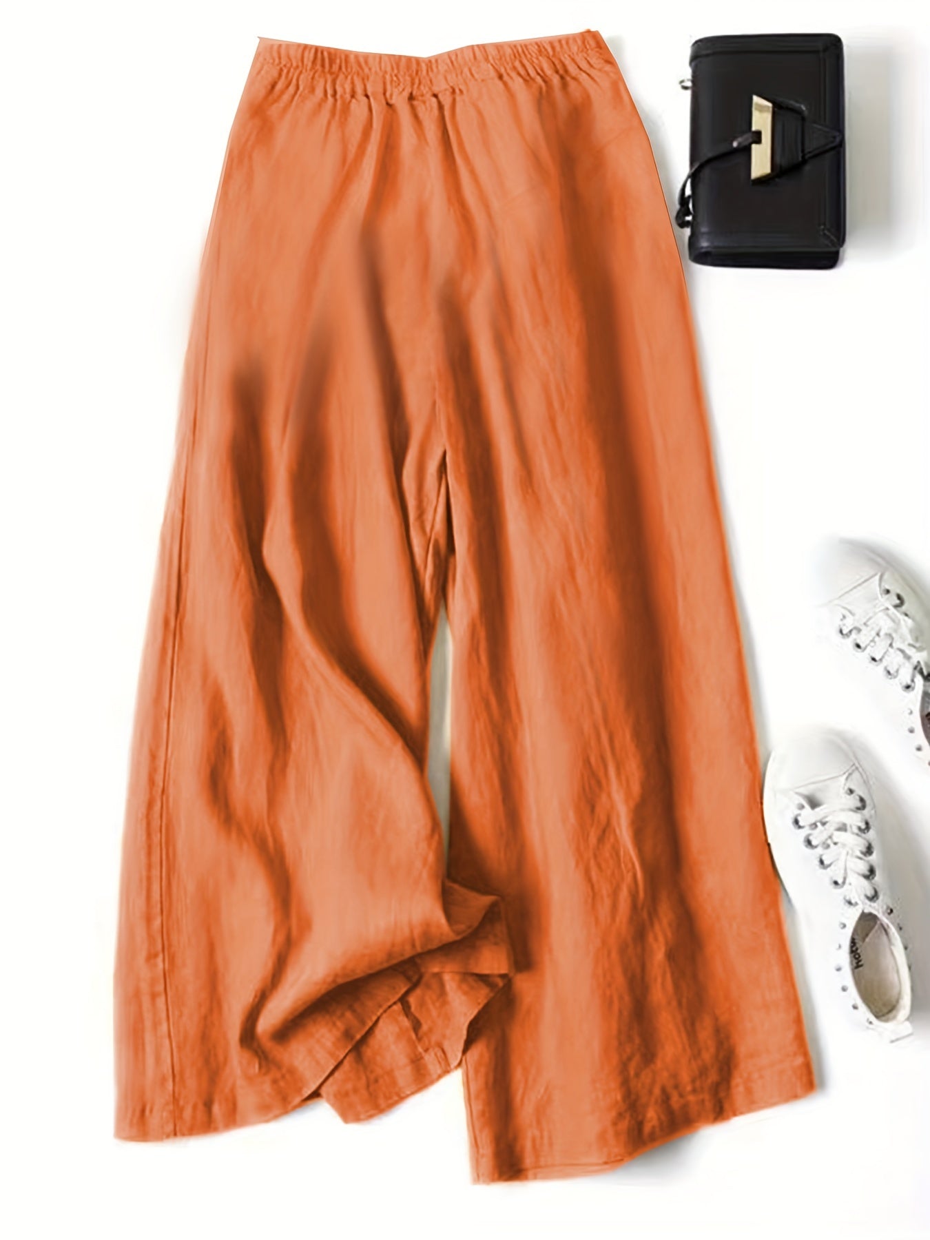 Women's Vintage Wide-Leg Ankle Pants - Non-Stretchy Elastic Waist Trousers, Loose Fit for Everyday & Formal Outfits - Machine Washable Fall/Spring/Summer Bottoms in Terracotta Red - Adult Women's Clothing, Casual Outfit Pants, Comfortable Clothi