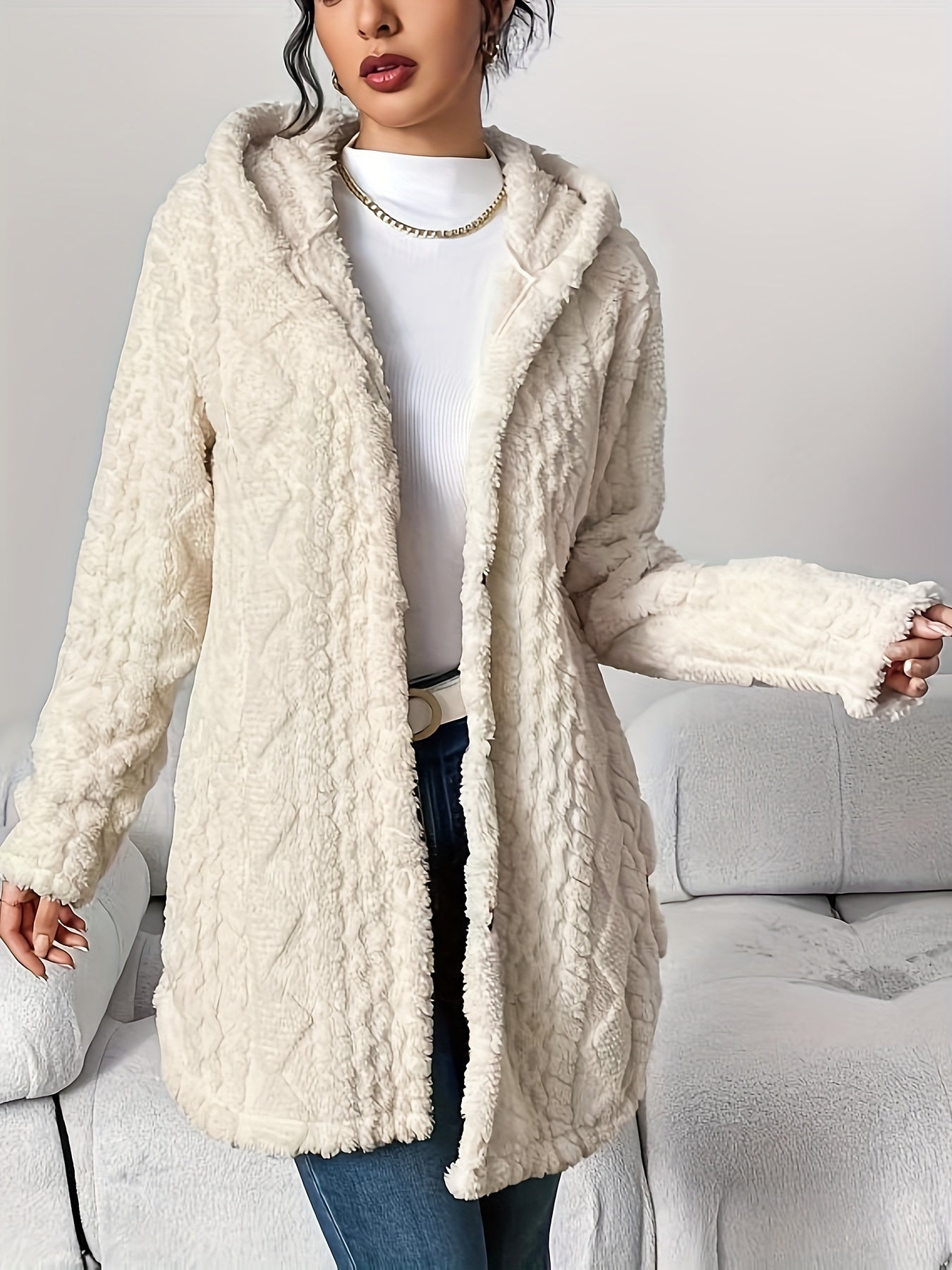 Autumn-Winter Warm Fashion Jacquard Plush Hooded Cardigan Coat