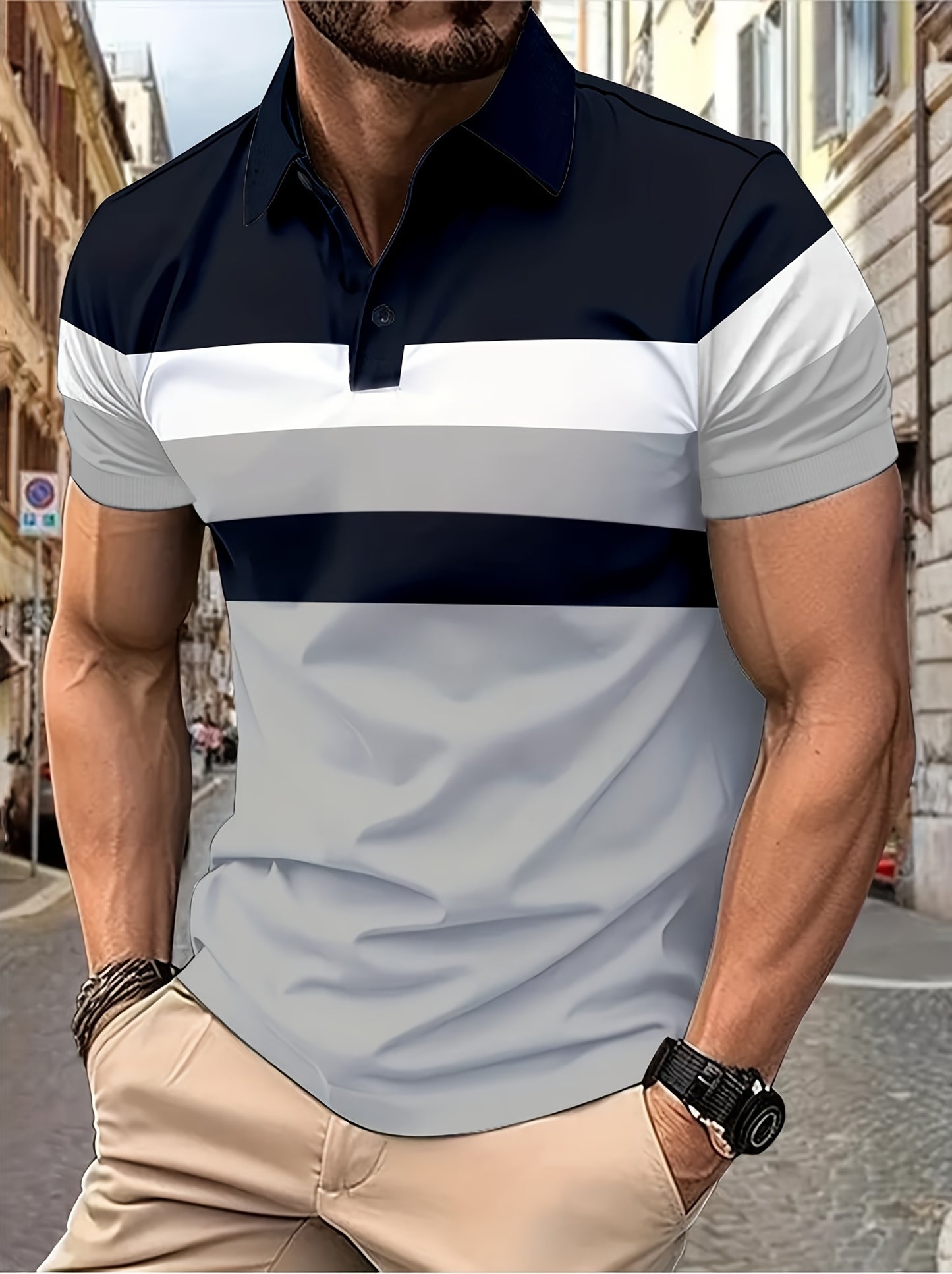 Casual Men's Color Block Short Sleeve Comfy Lapel Shirt For Golf Sports, Summer Men's Clothing