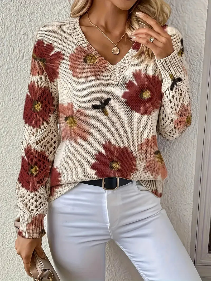 Floral Knit Sweater Graceful Autumn And