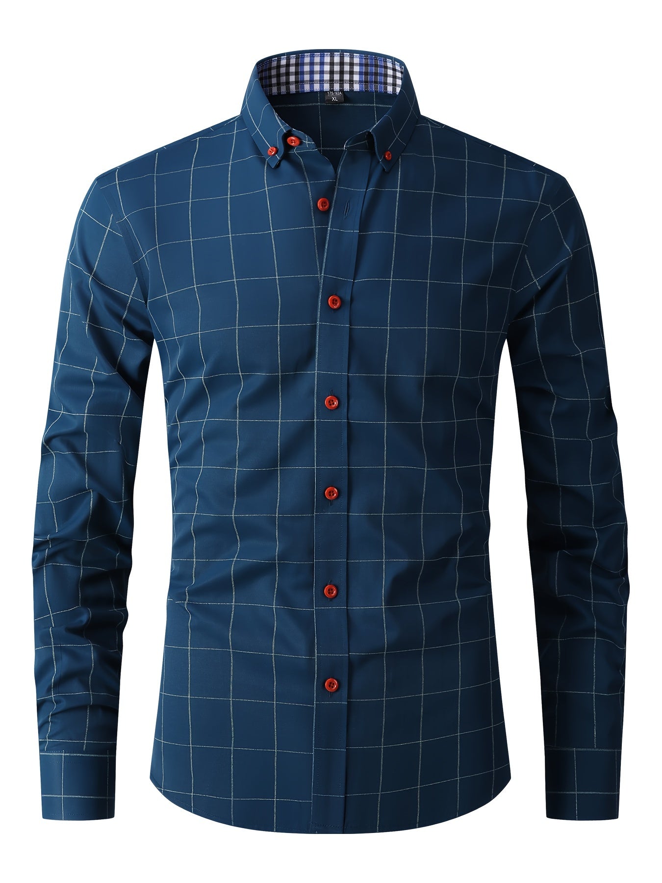 Men'S Light Business Long Sleeve Button-Up Shirt - Gray & White Checkered Pattern, Regular Fit, Single-Breasted with Red Buttons, Perfect for Spring & Fall, Spring Fall Attire | Checkered Pattern Shirt | Polyester Blend