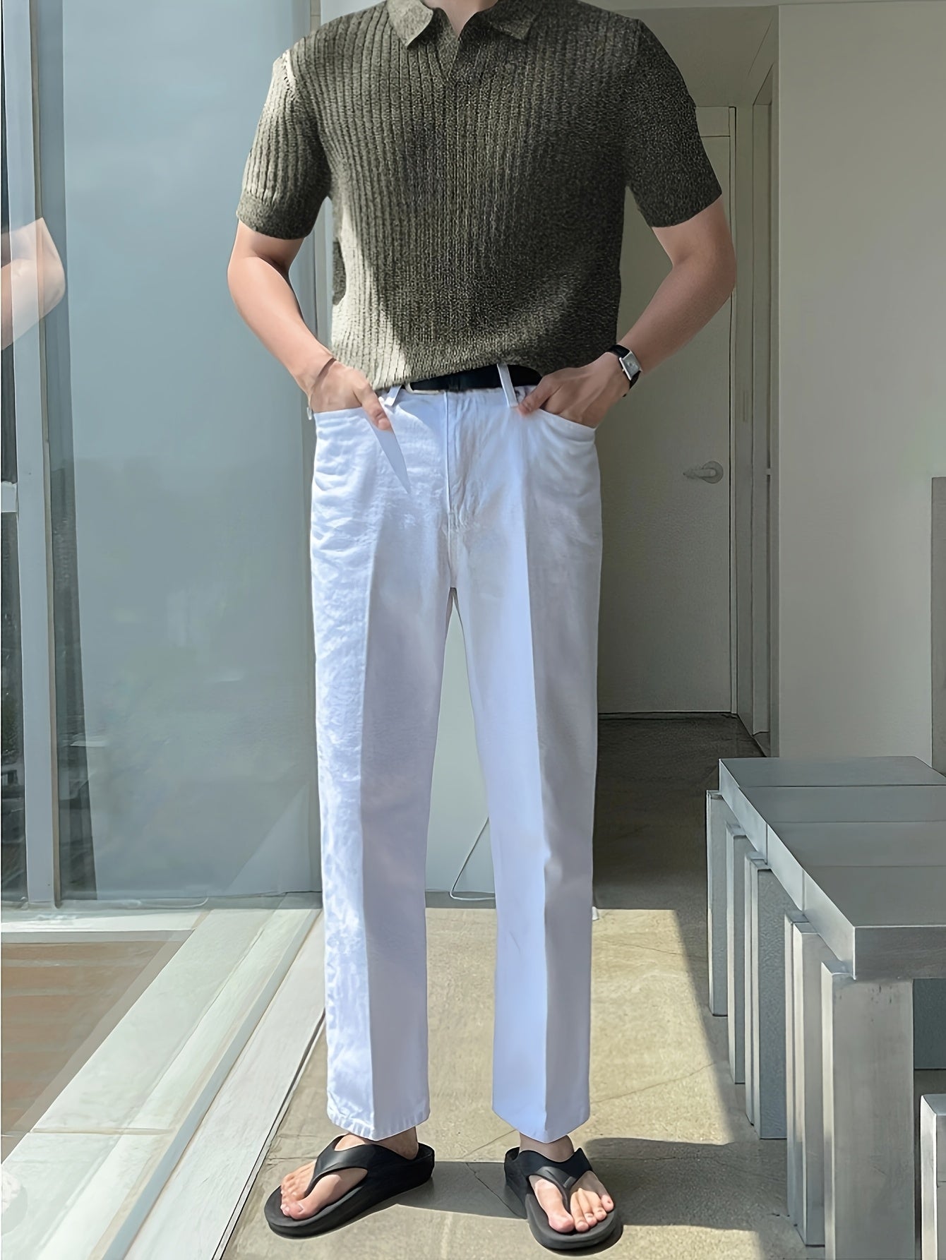 2024 New Men'S Small Hole Short Sleeve Polo Shirt Knitted Sweater - Beige, Medium Stretch, Solid Color, Regular Fit, All-Season Casual Wear, Casual Wear Sweater|Minimalist Style|Knit Construction, Sweater Vest