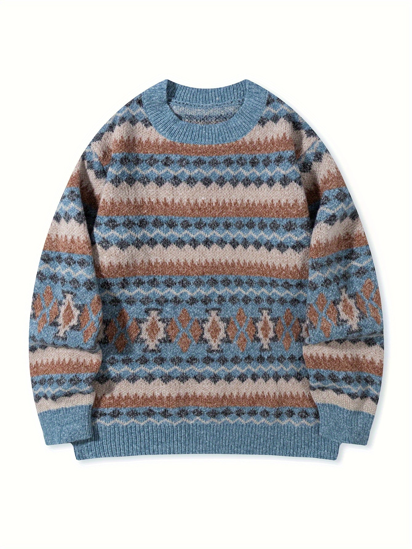 Men's Casual Color-Block Geometric Knit Sweater - Loose Fit Ribbed Detail Pullover, Machine Washable Autumn Winter Warm Crewneck Sweater for Casual Attire, Knitted Sweater, Durable Winter Wear