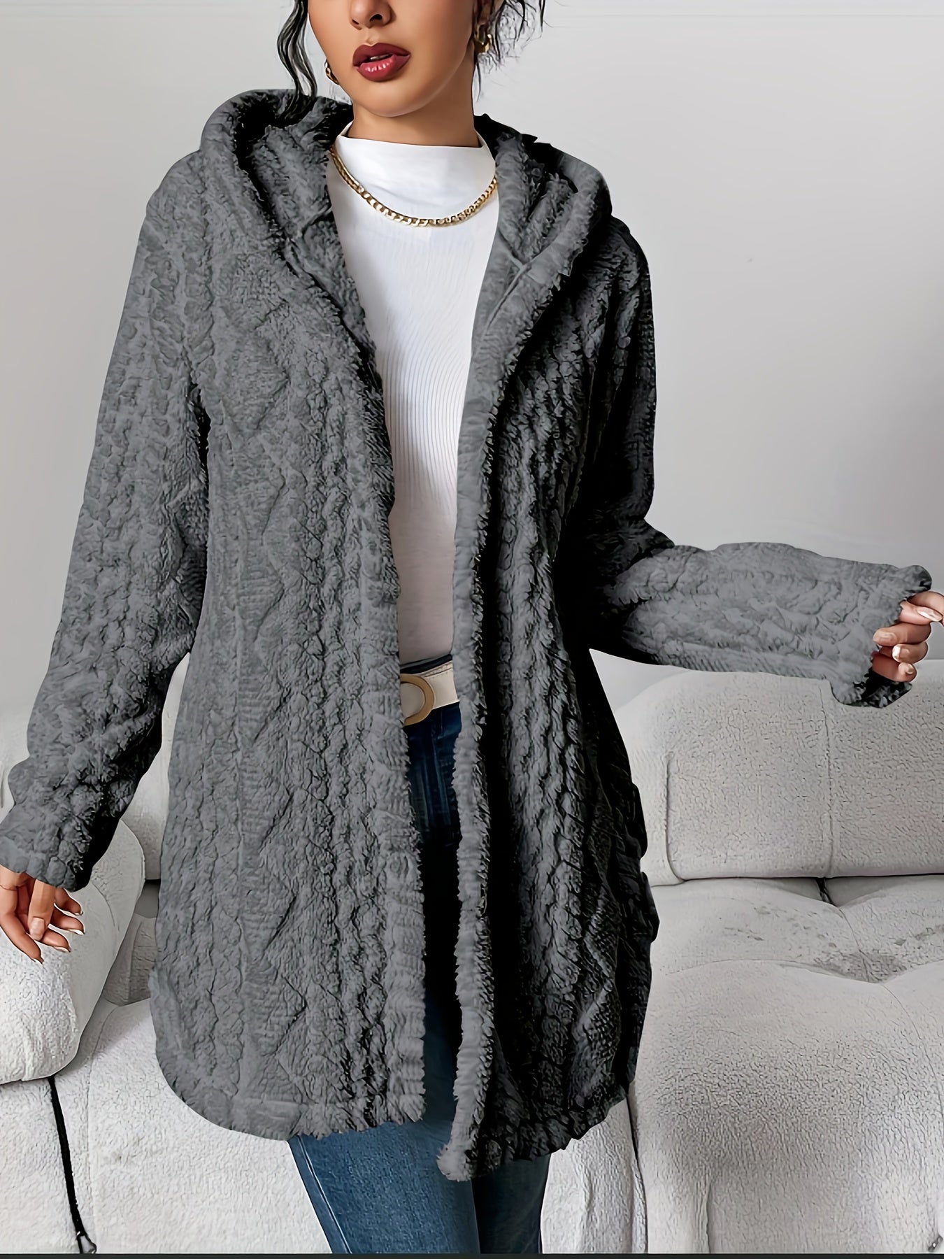 Autumn-Winter Warm Fashion Jacquard Plush Hooded Cardigan Coat