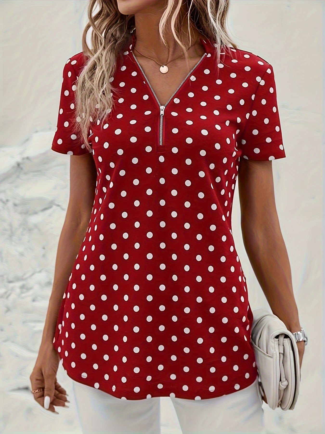 Elegant V Neck Short Sleeve Blouse - Polka Dots Print, Zipper Front, For Spring & Summer, Women's Clothing