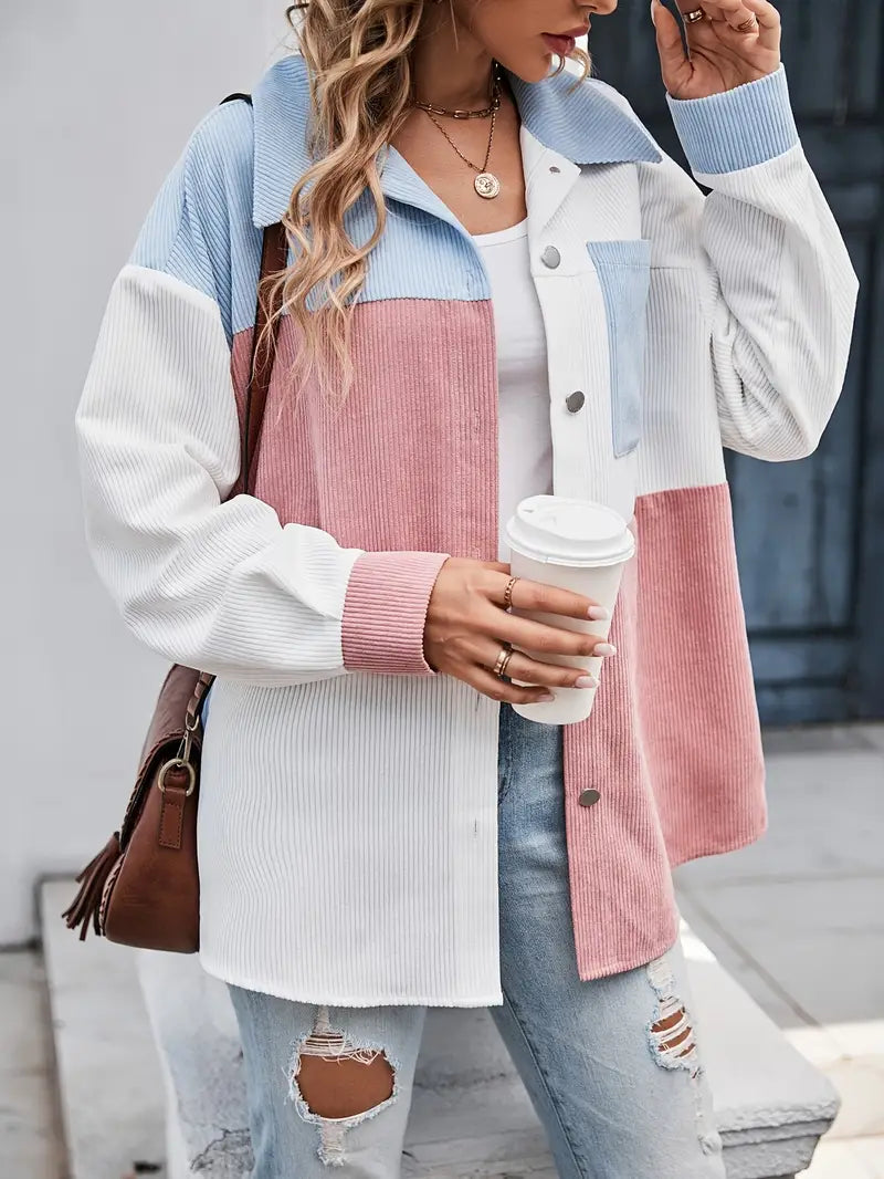 Solid Polyester Blouse Color Block Button